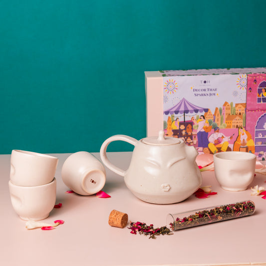 Brew-Tea-Ful Festive Gift Box - The Sage Face White Ceramic Tea-Pot Set with 4 Cups, Hibiscus/Rose Tea