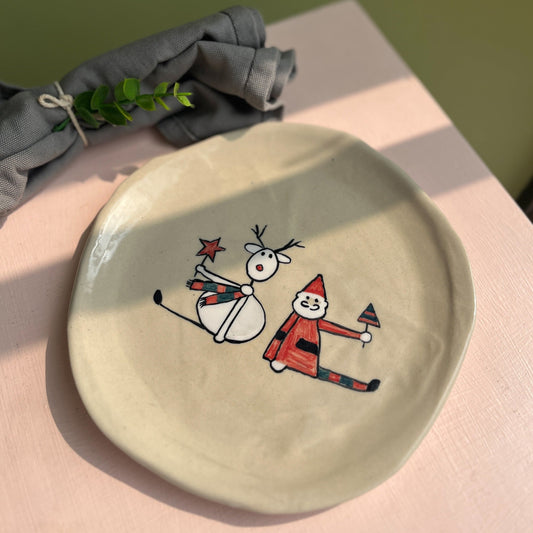 Christmas Santa & Reindeer Illustration 7" Ceramic Plate