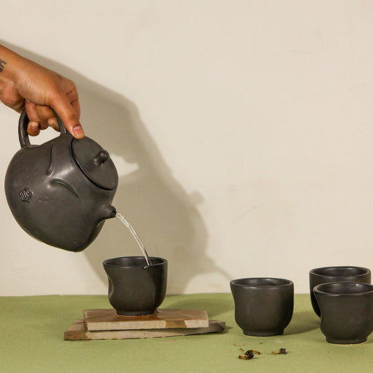 The Sage Face Black Ceramic Tea-Pot Set with 4 Cups