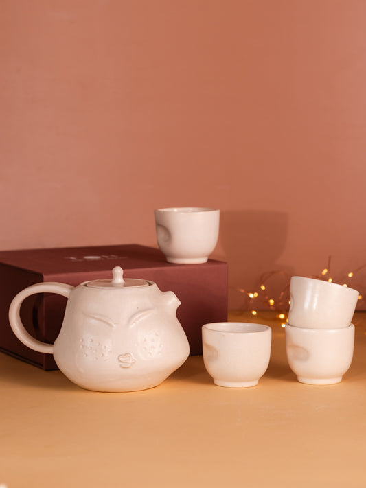 The Sage Face White Ceramic Tea-Pot & Cups Gift Bundle
