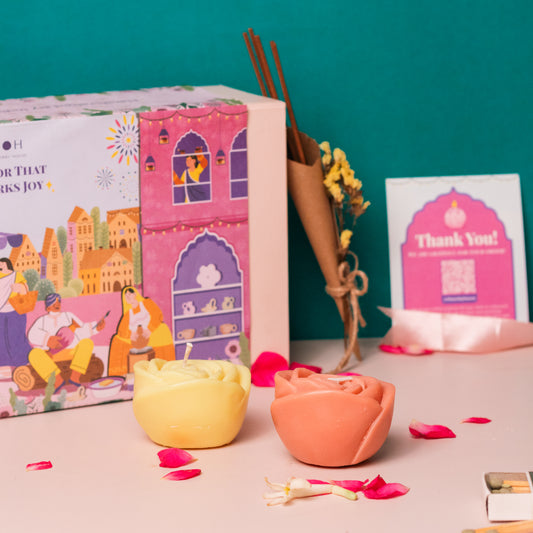 Candle-lit Romance Festive Gift Box - Set of 2 Rose Candles, 1 Matchbox