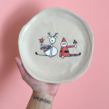 Christmas Santa & Reindeer Illustration 7" Ceramic Plate