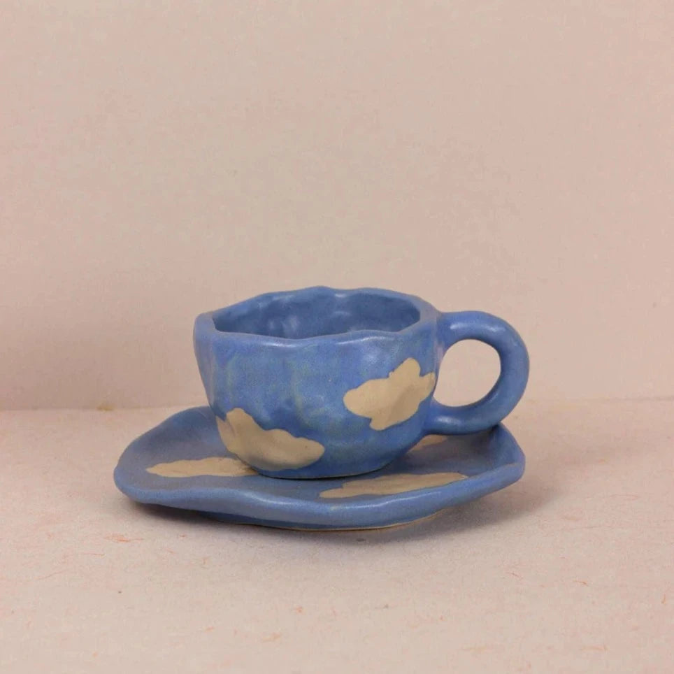 Ceramic Coffee Mug & Saucer Set in Blue colour, cloud pattern