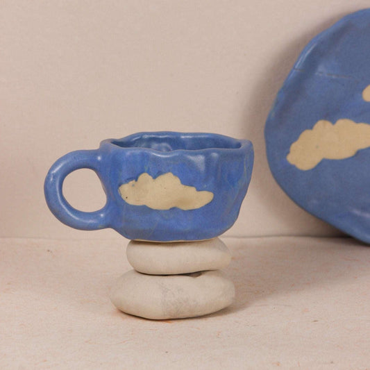 Cute , Handmade and Ecofriendly Blue Cloud Pattern Ceramic Mug and Saucer Set for Coffee / Tea / Milk