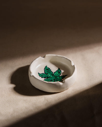 White Ceramic Ash Tray with Hand Painted Leaf