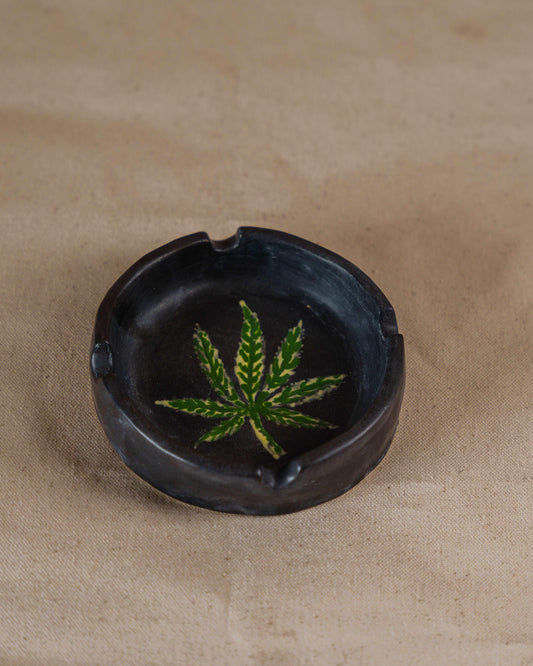 Black Ceramic Ash Tray with Hand Painted Leaf
