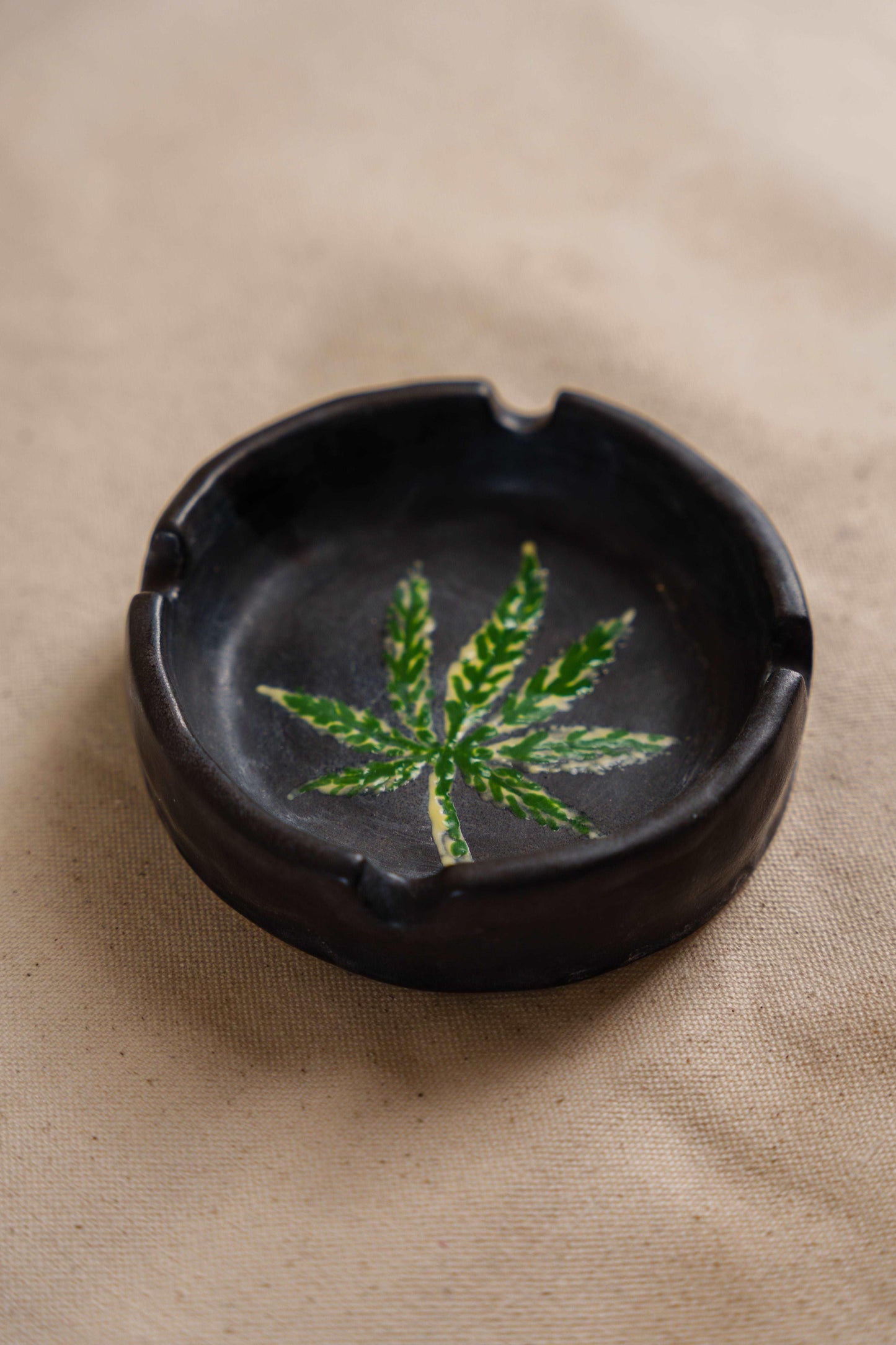 Black Ceramic Ash Tray with Hand Painted Leaf