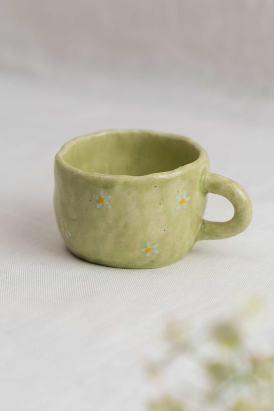 Pastel Olive Hand-Pinched Ceramic Coffee , Tea Mug with Cute White Daisy Flowers