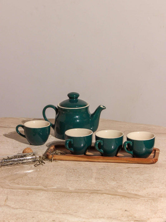 Handcrafted Teal Tea-Pot with Set of 4 Cups - TOH