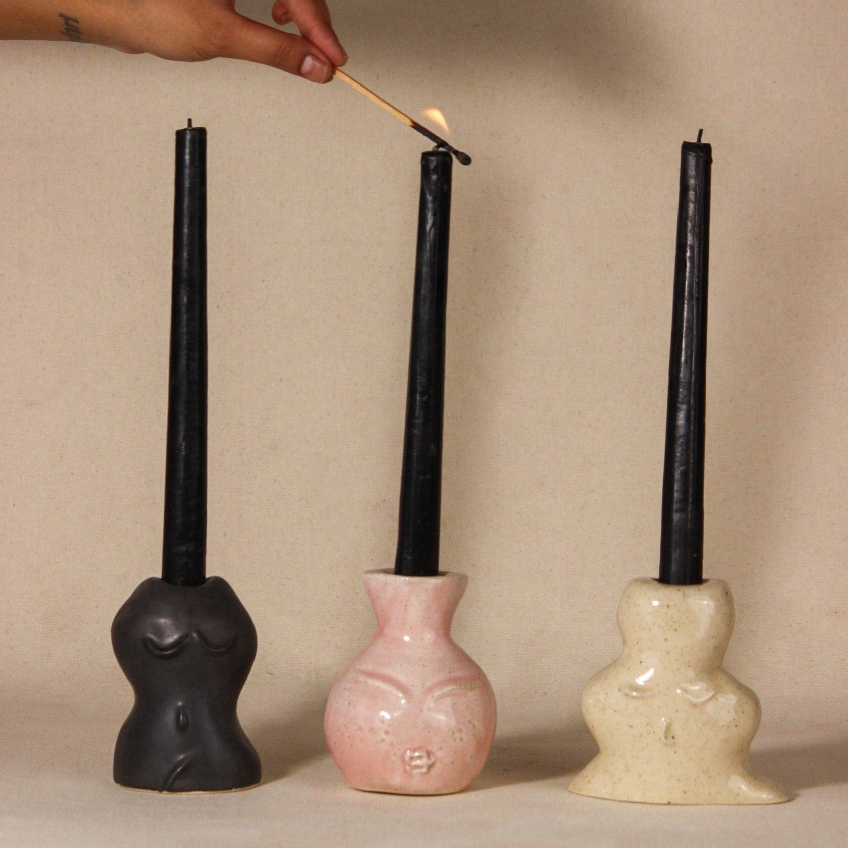Soulful Ceramic Face Candle Holder Set of 3 - in Black , Pink , Beige colours
